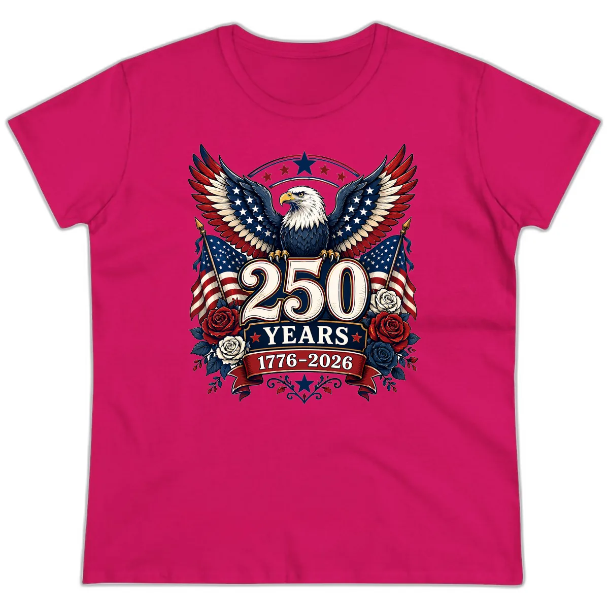America 250 Years Celebration Design Ladies Tee in Heliconia