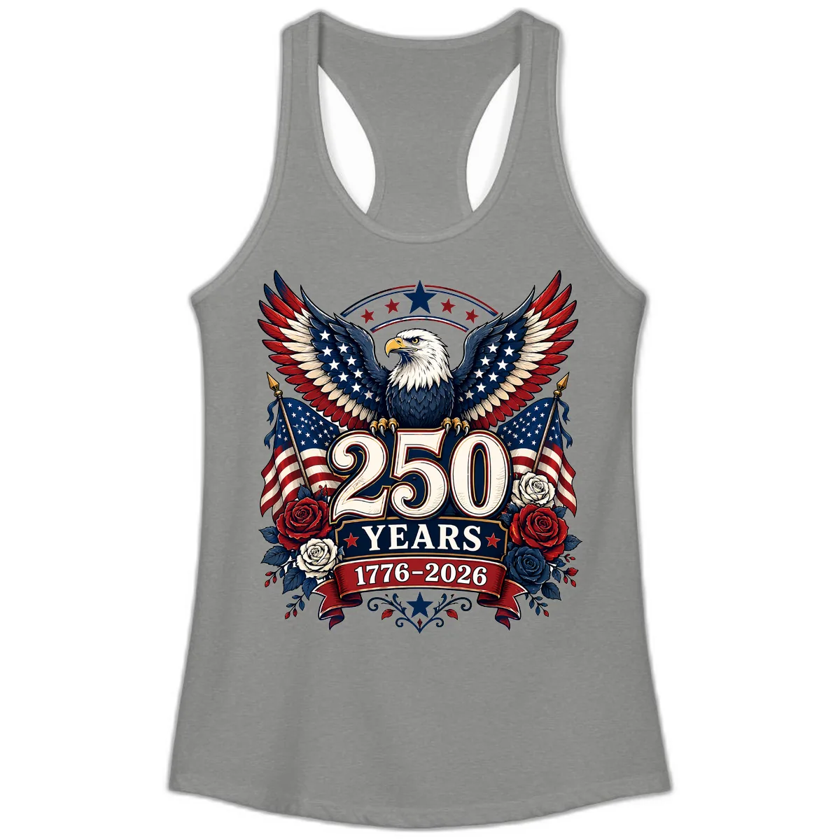 America 250 Years Celebration Design Ladies Tank in Heather Grey
