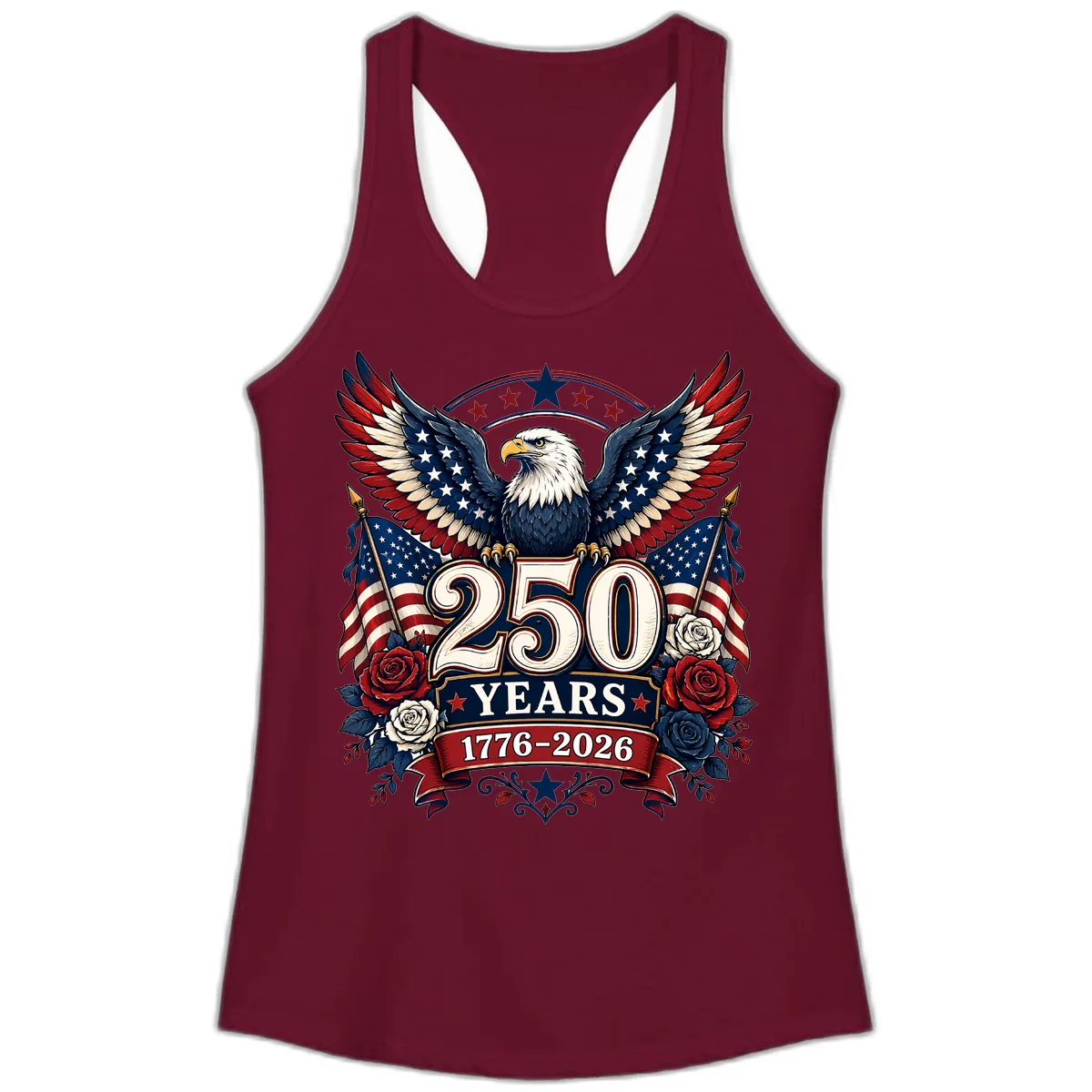 America 250 Years Celebration Design Ladies Tank in Solid Cardinal Red