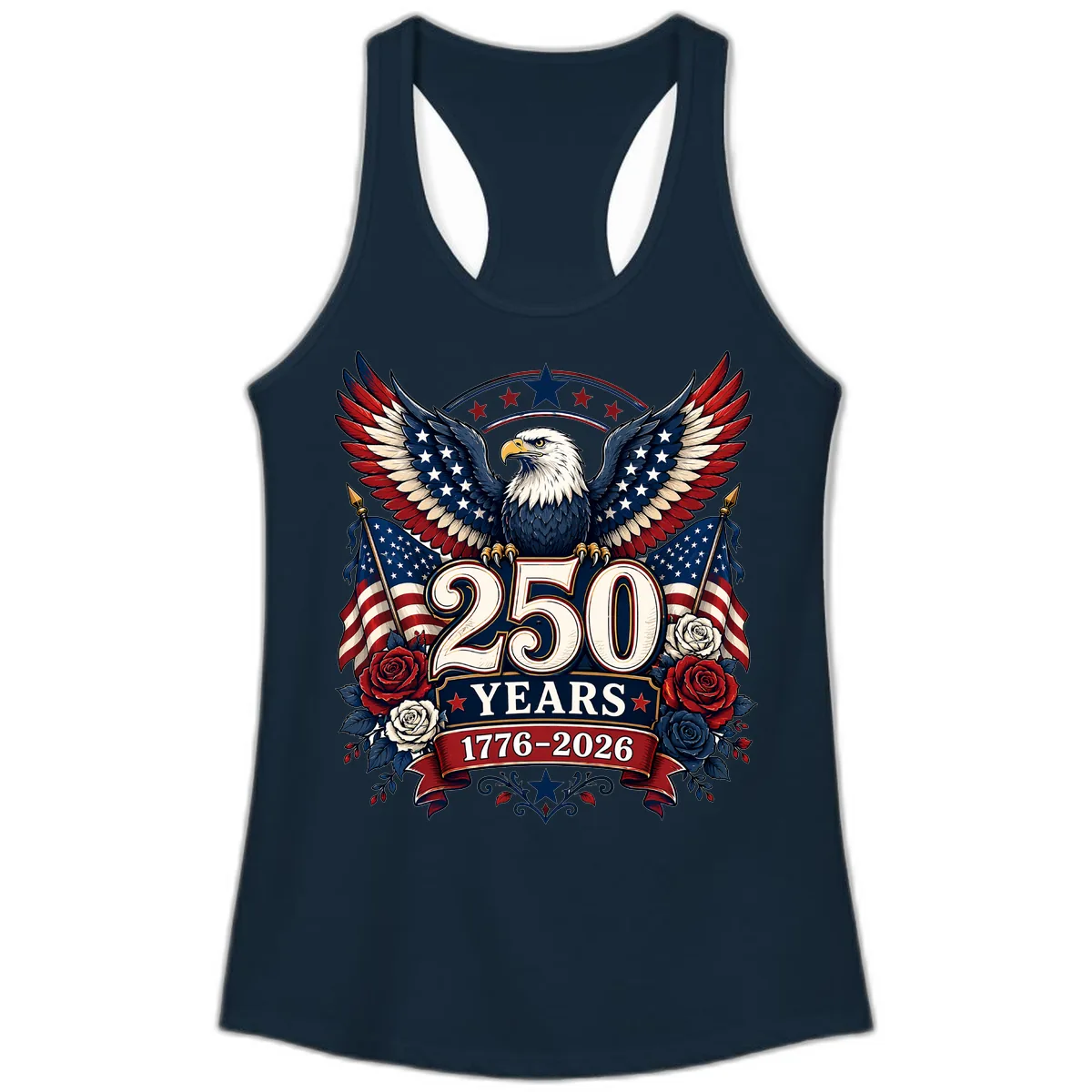 America 250 Years Celebration Design Ladies Tank in Solid Midnight Navy