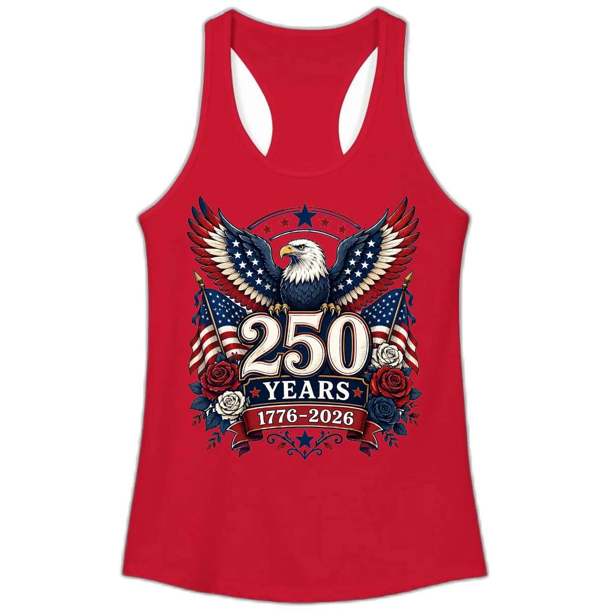 America 250 Years Celebration Design Ladies Tank in Solid Red