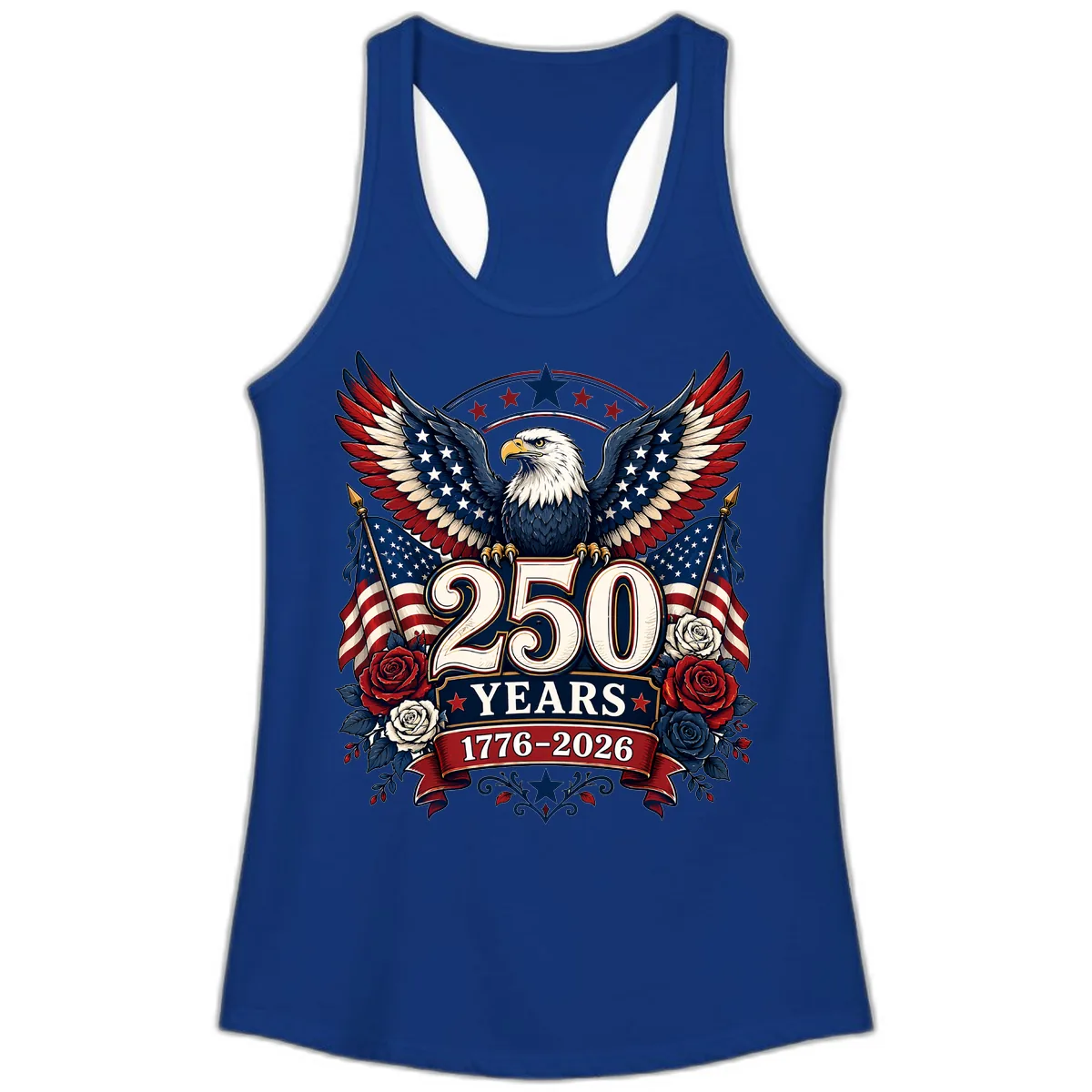 America 250 Years Celebration Design Ladies Tank in Solid Royal