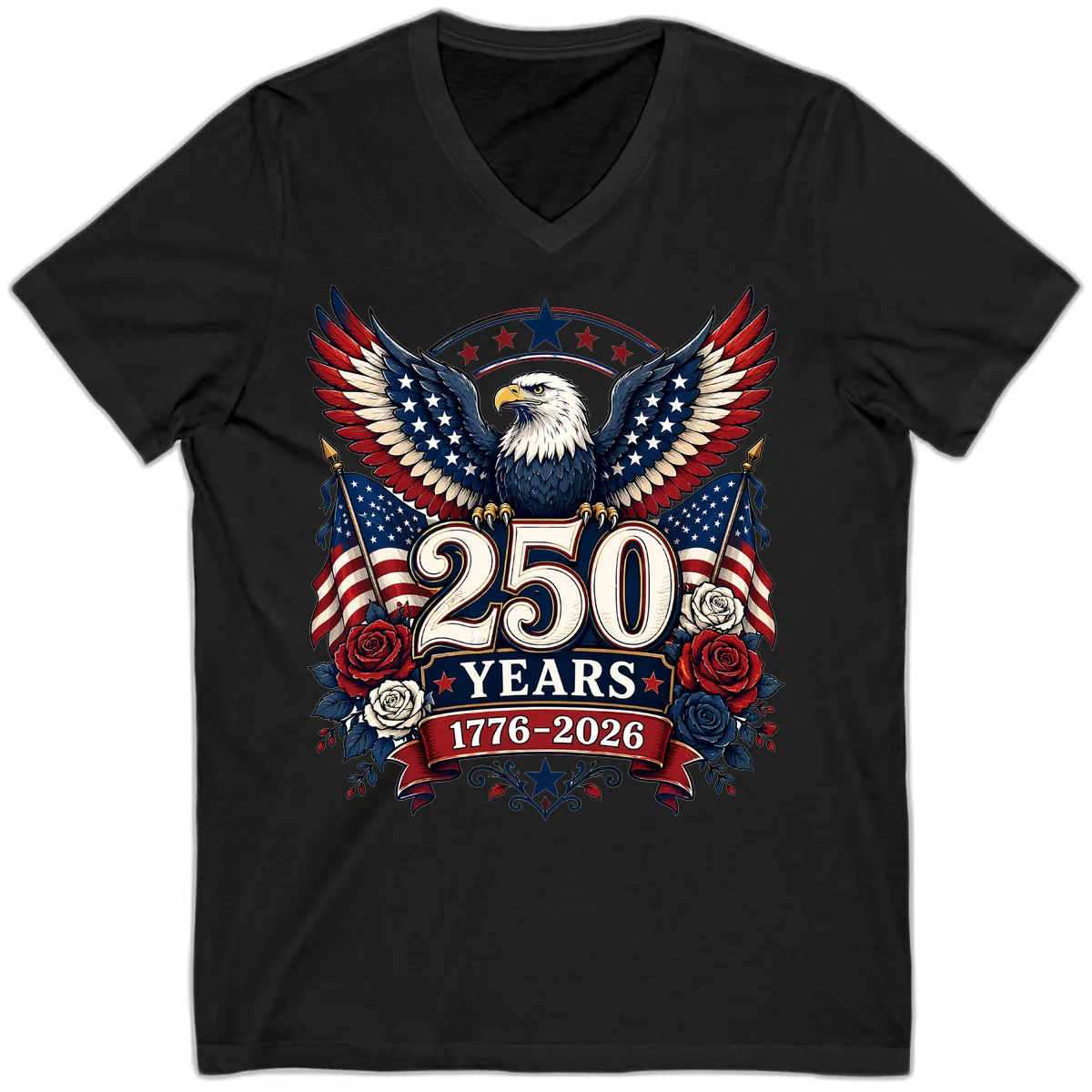 America 250 Years Celebration Design V-Neck in Black