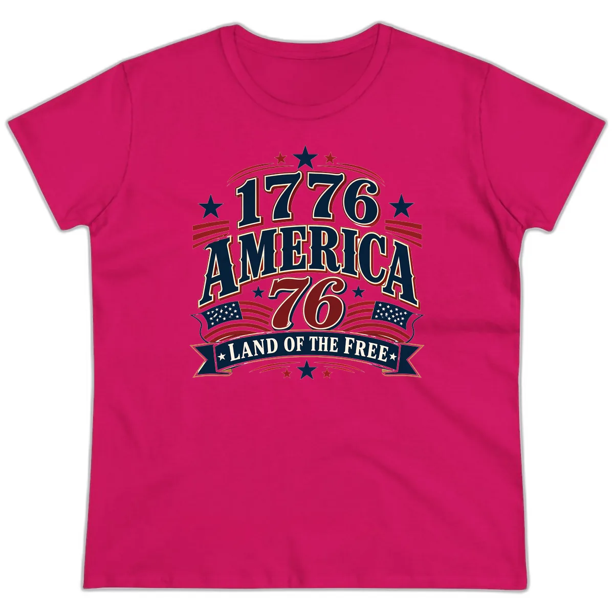 1776 America Land Of The Free Design Ladies Tee in Heliconia