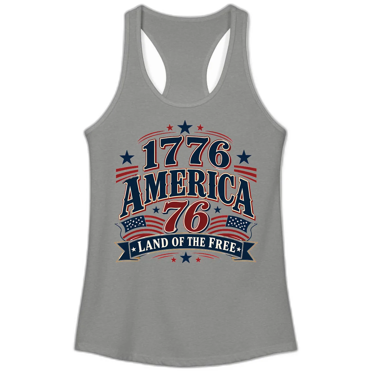 1776 America Land Of The Free Design Ladies Tank in Heather Grey