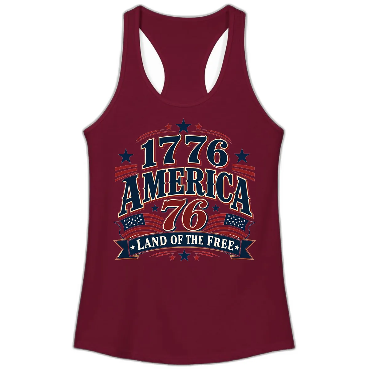 1776 America Land Of The Free Design Ladies Tank in Solid Cardinal Red