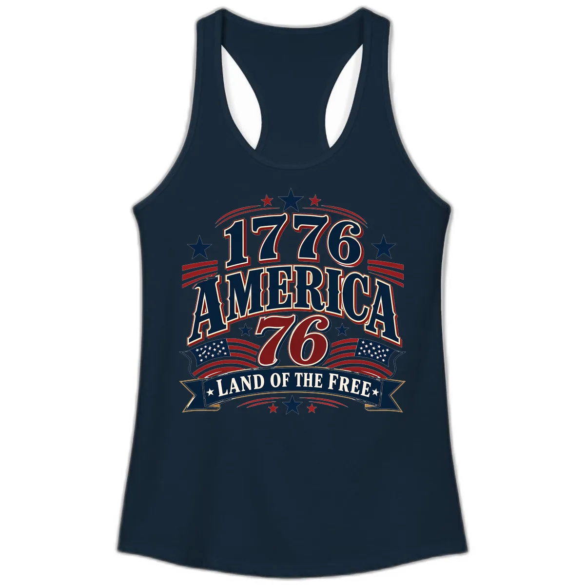 1776 America Land Of The Free Design Ladies Tank in Solid Midnight Navy