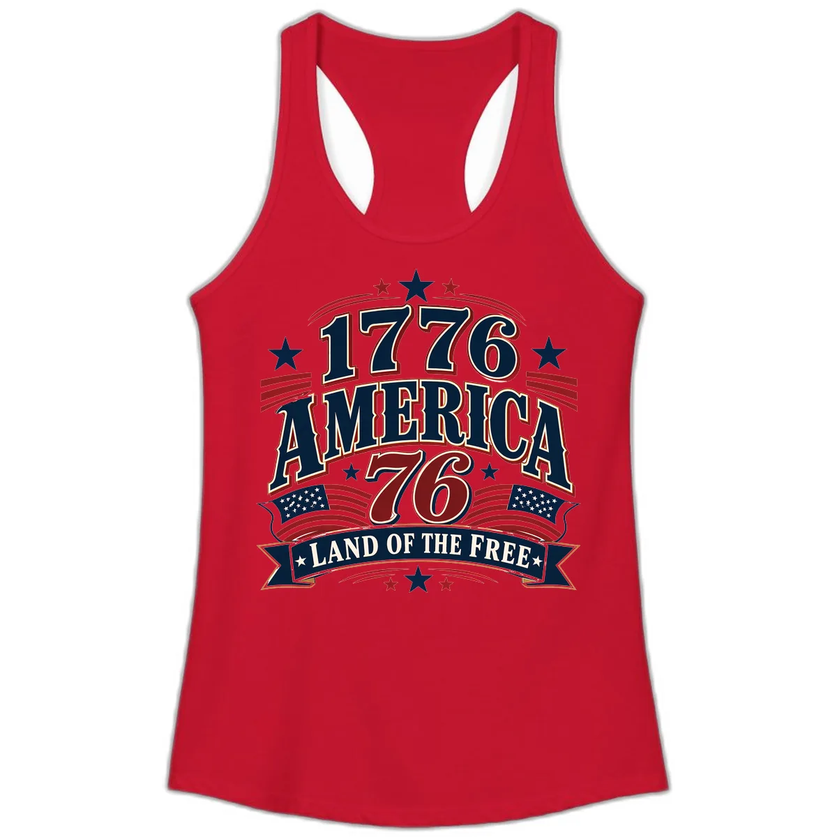 1776 America Land Of The Free Design Ladies Tank in Solid Red