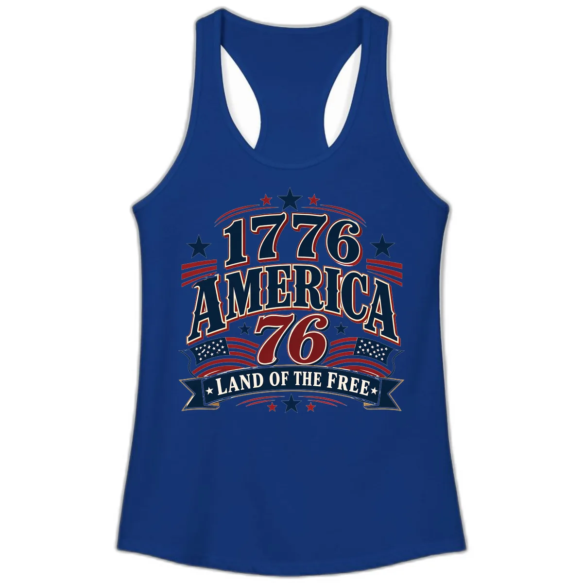 1776 America Land Of The Free Design Ladies Tank in Solid Royal
