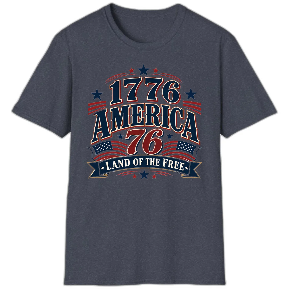 1776 America Land Of The Free Design T-Shirt in Heather Navy