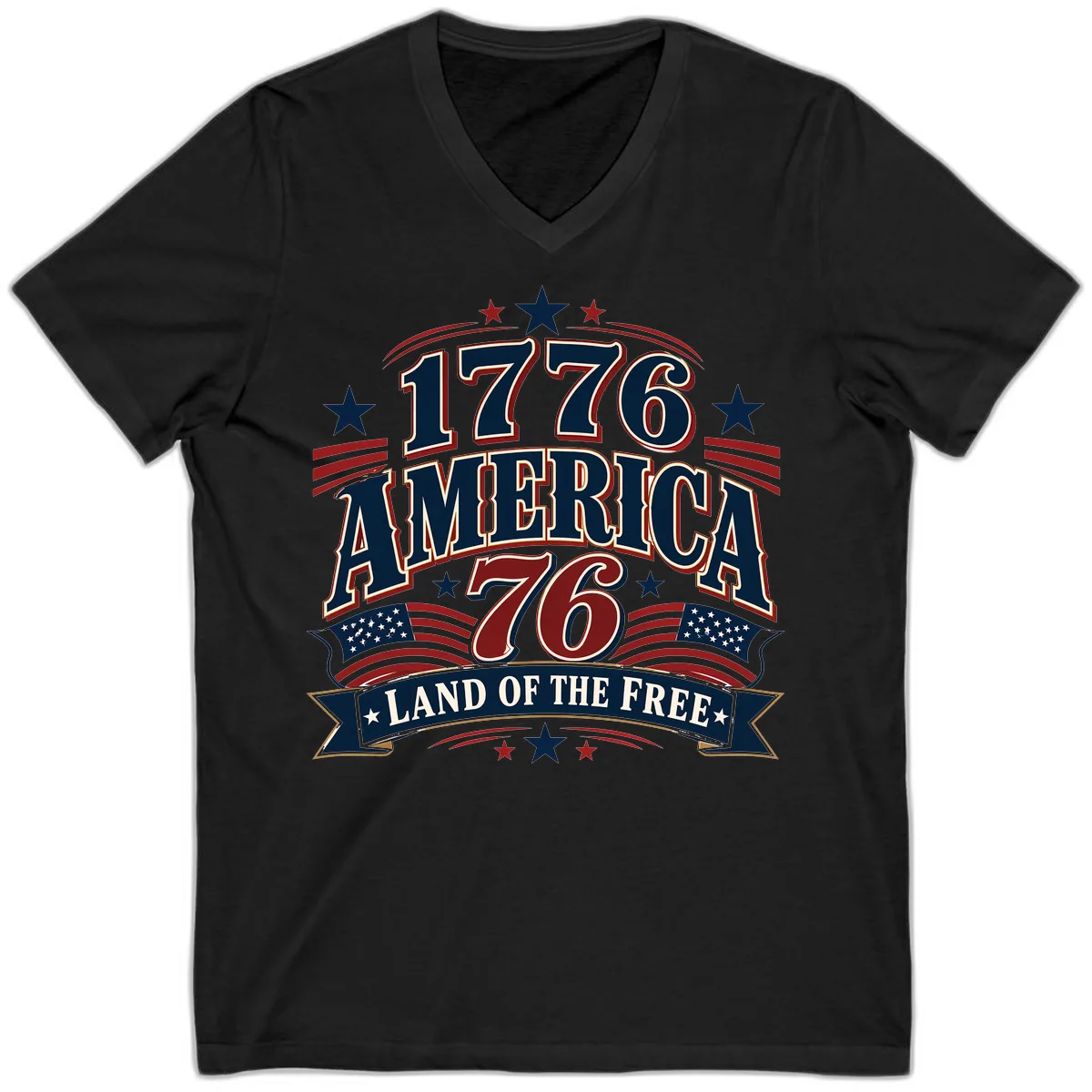 1776 America Land Of The Free Design V-Neck in Black