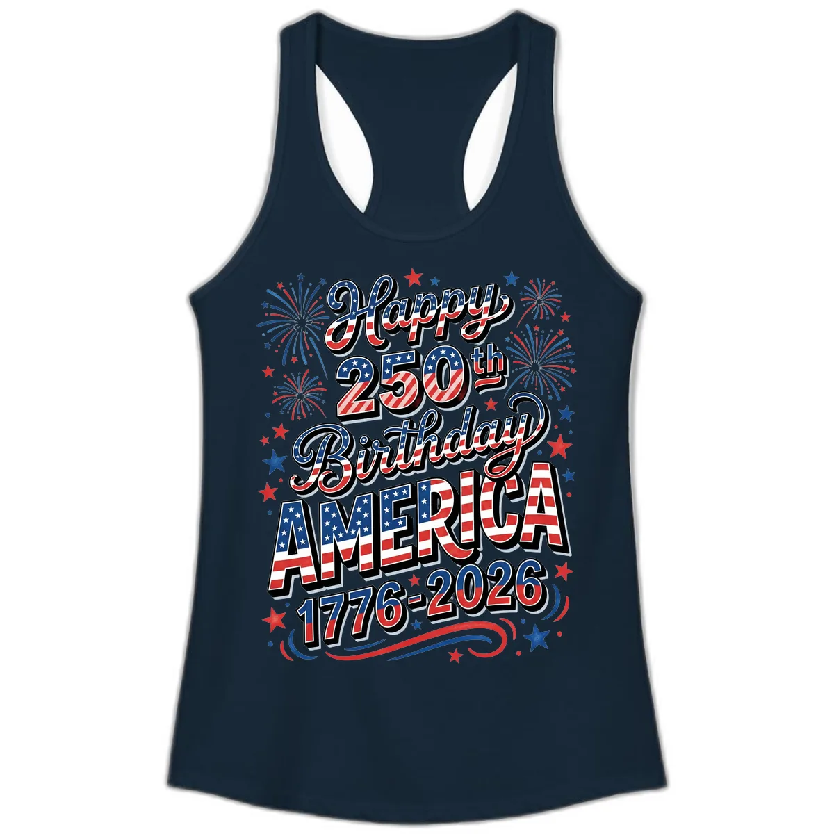 Happy 250th Birthday America Ladies Tank in Solid Midnight Navy