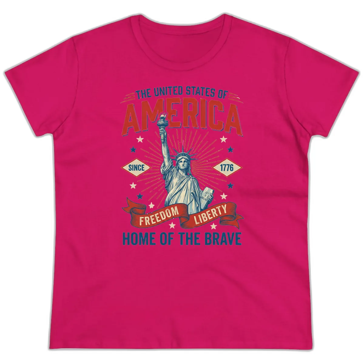 America Freedom Liberty Celebration Ladies Tee in Heliconia