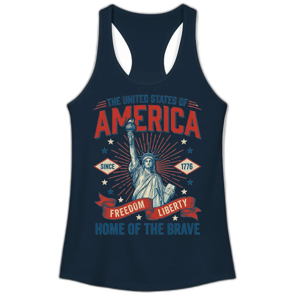 America Freedom Liberty Celebration Ladies Tank in Solid Midnight Navy