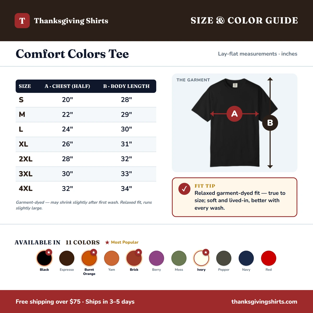 Comfort Color size & color guide