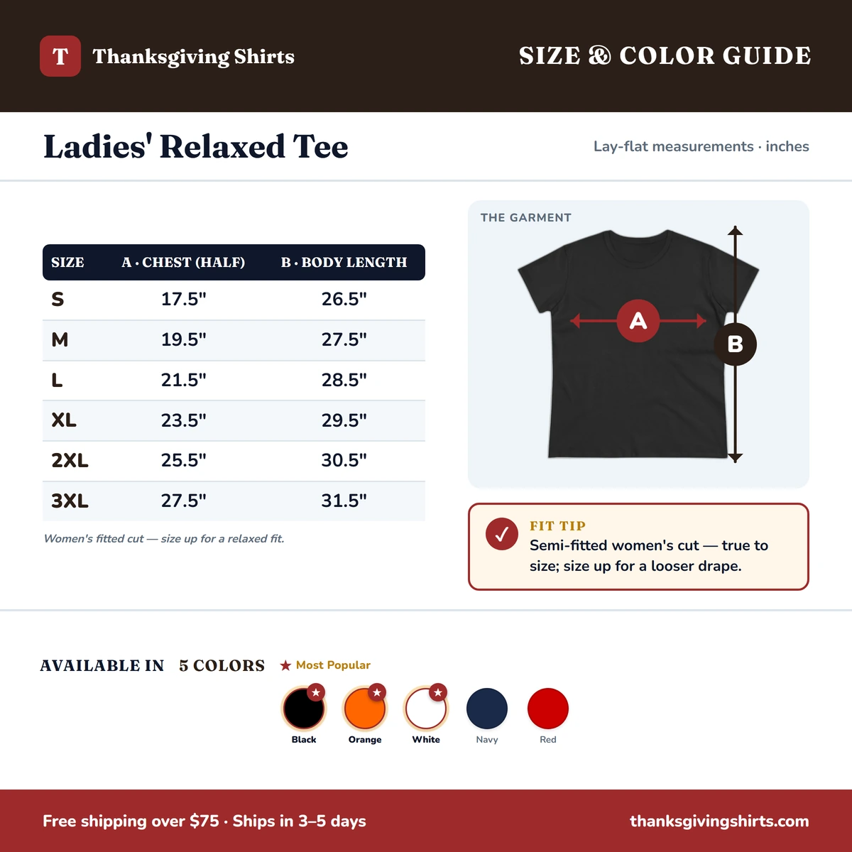Ladies Tee size & color guide
