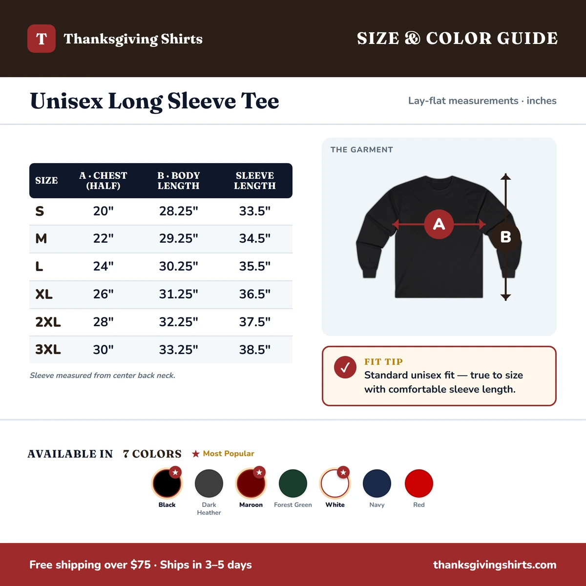 Long Sleeve size & color guide