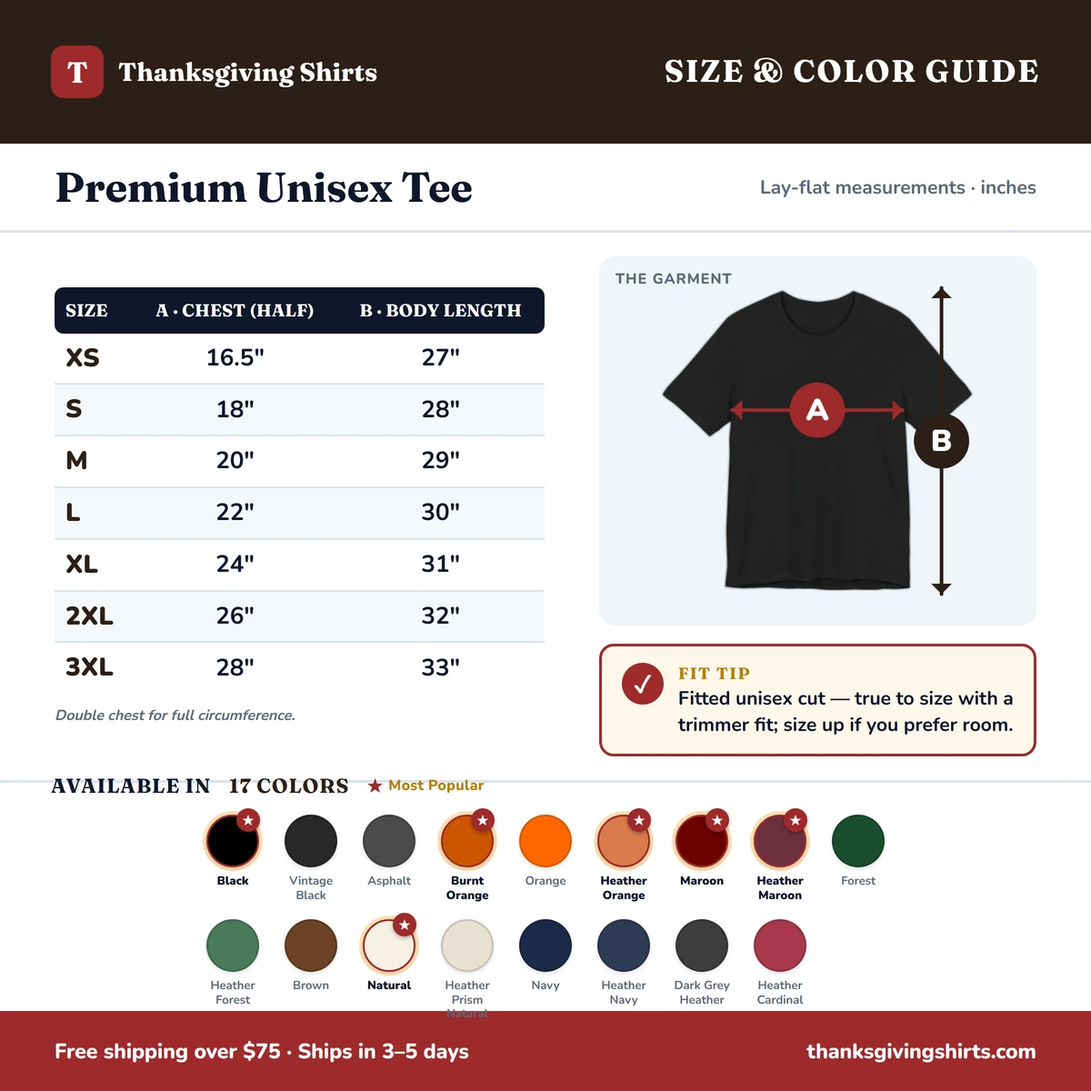 Premium T-Shirt size & color guide