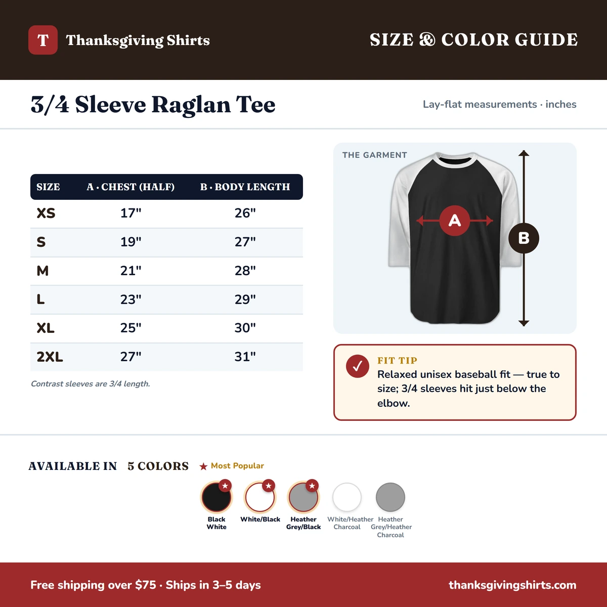 Raglan 3/4 size & color guide