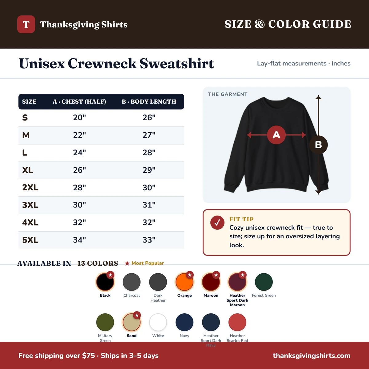 Sweatshirt size & color guide