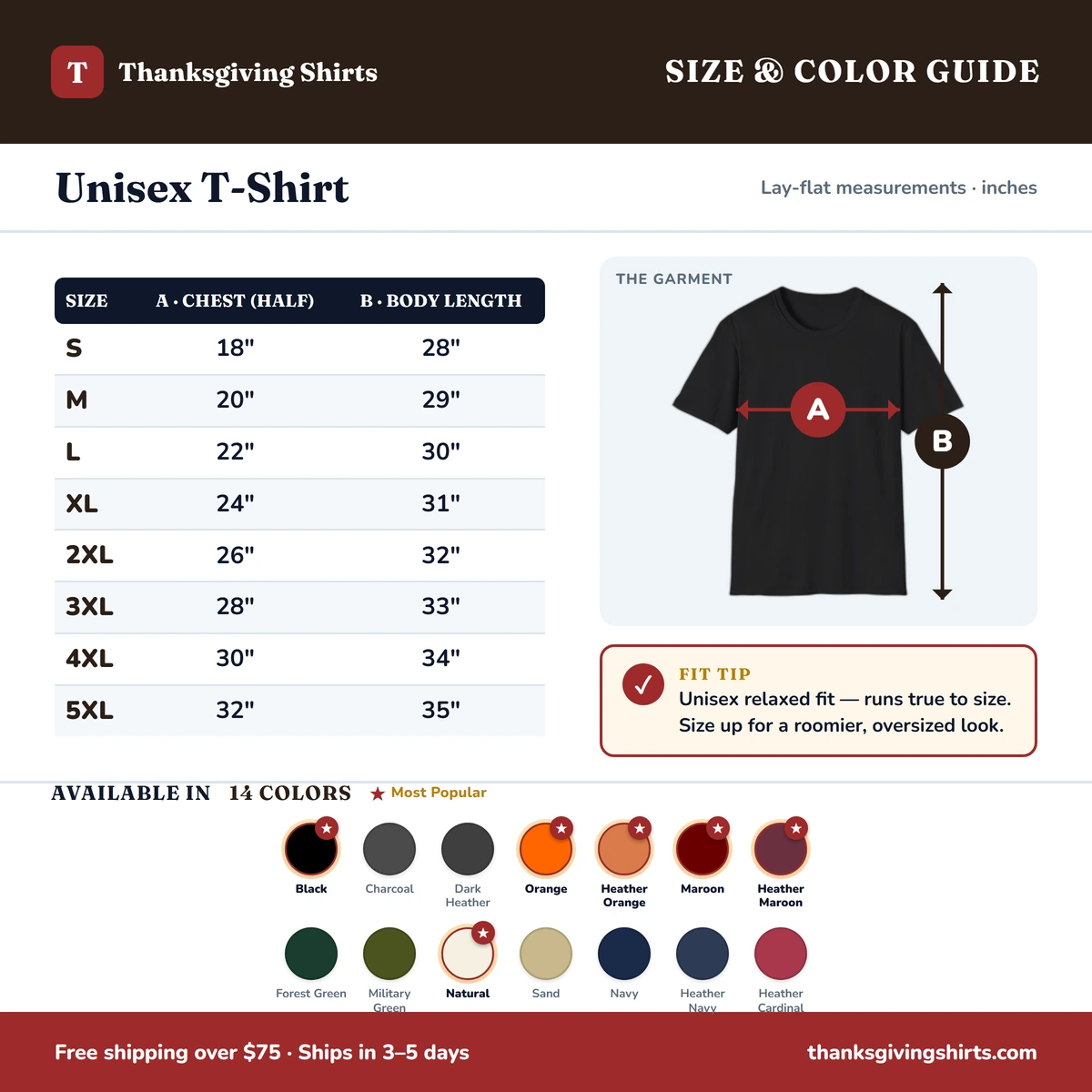 T-Shirt size & color guide
