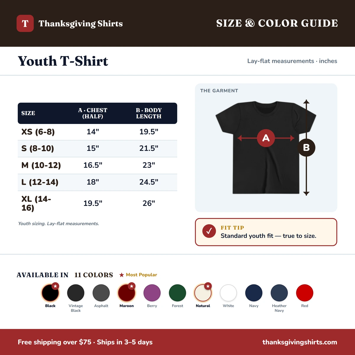 Youth T-Shirt size & color guide