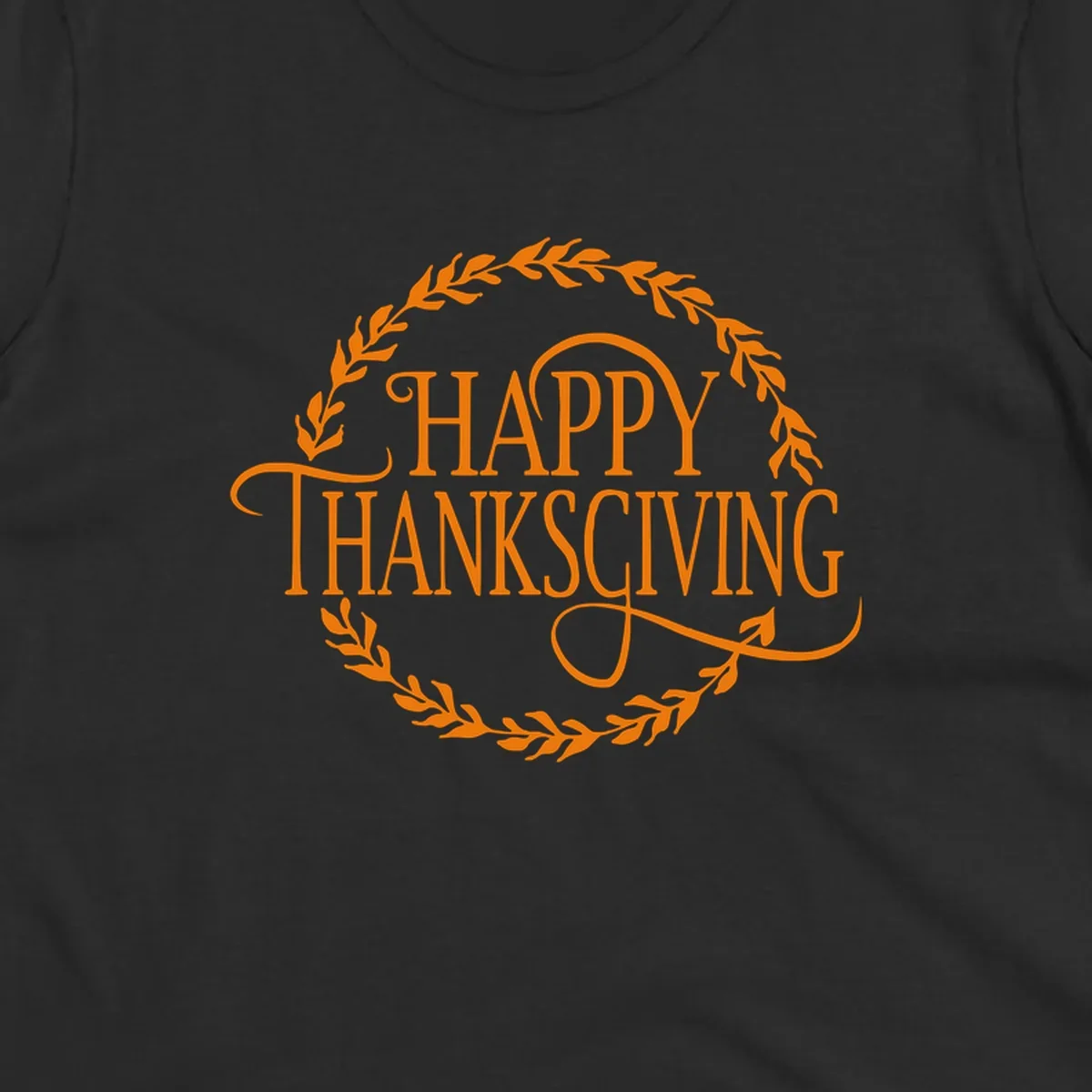 Happy Thanksgiving text with an orange leafy wreath.