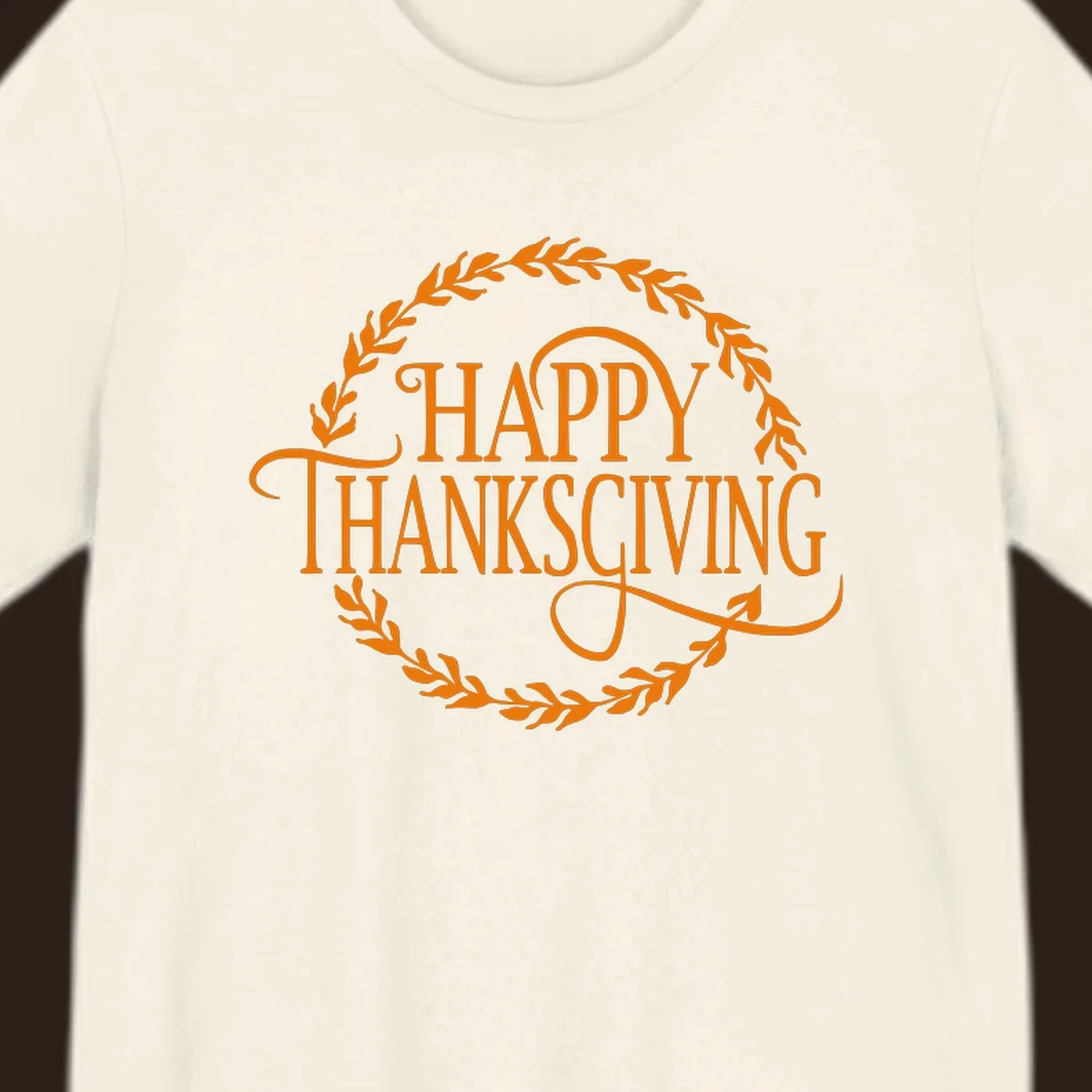 Happy Thanksgiving text with an orange leafy wreath.