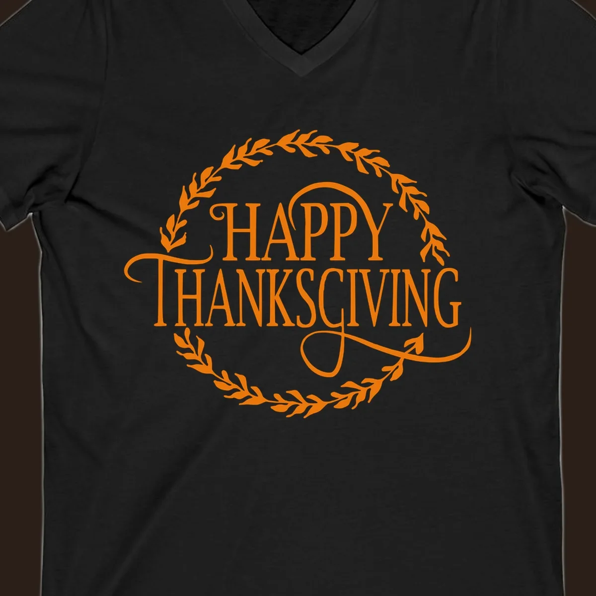 Happy Thanksgiving text with an orange leafy wreath.