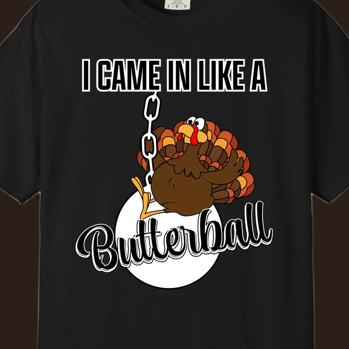 Cartoon turkey swinging from a chain like a wrecking ball with text 'I Came In Like A Butterball'.