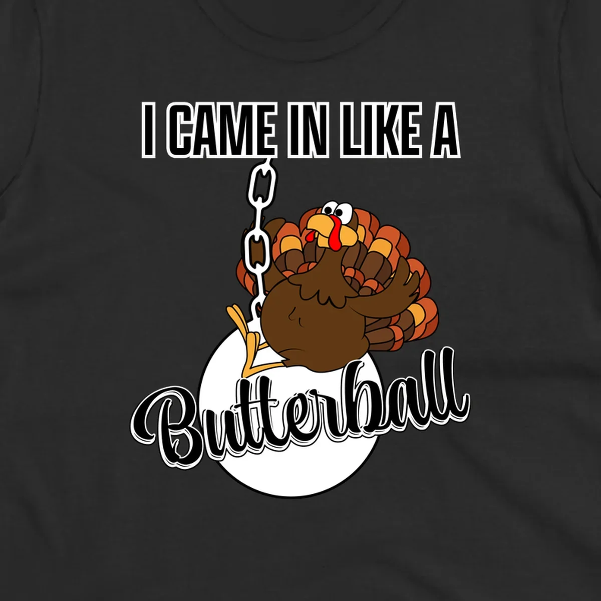 Cartoon turkey swinging from a chain like a wrecking ball with text 'I Came In Like A Butterball'.