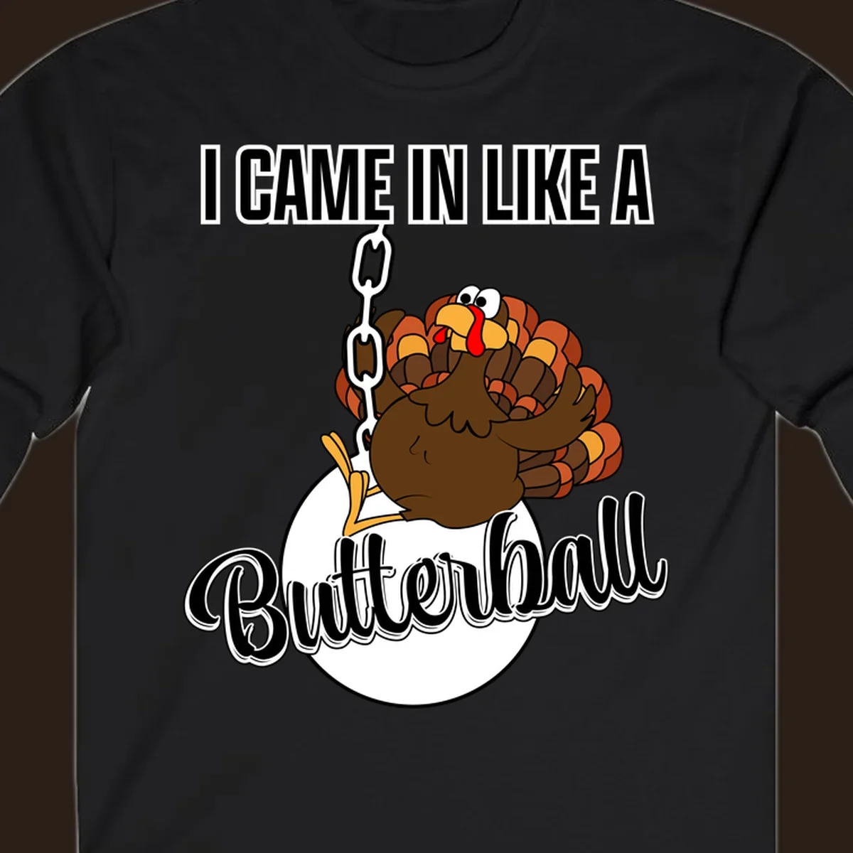 Cartoon turkey swinging from a chain like a wrecking ball with text 'I Came In Like A Butterball'.
