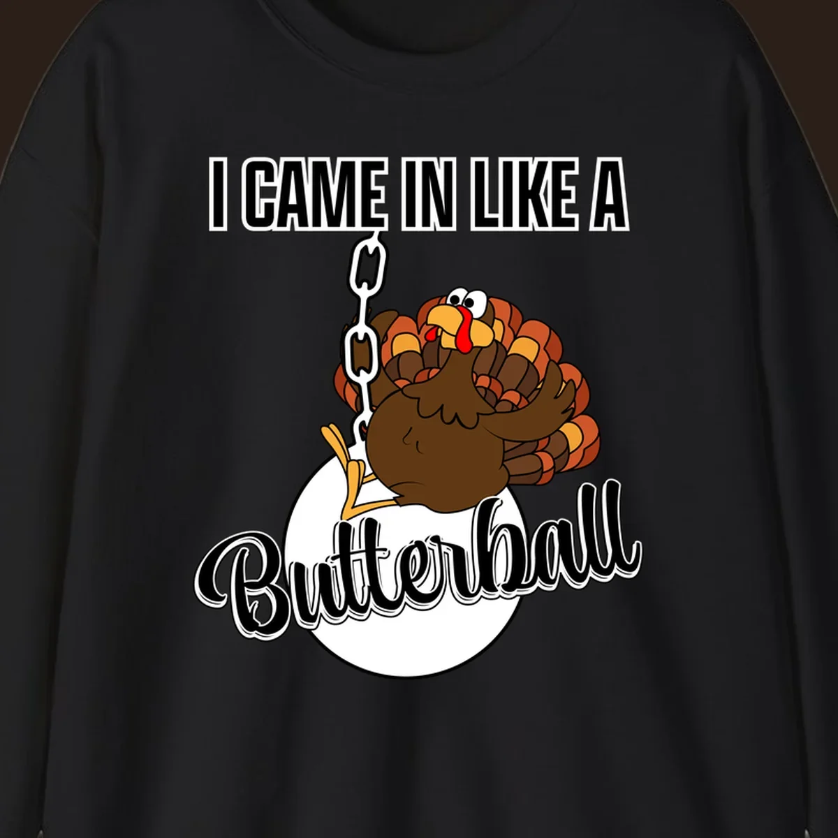 Cartoon turkey swinging from a chain like a wrecking ball with text 'I Came In Like A Butterball'.