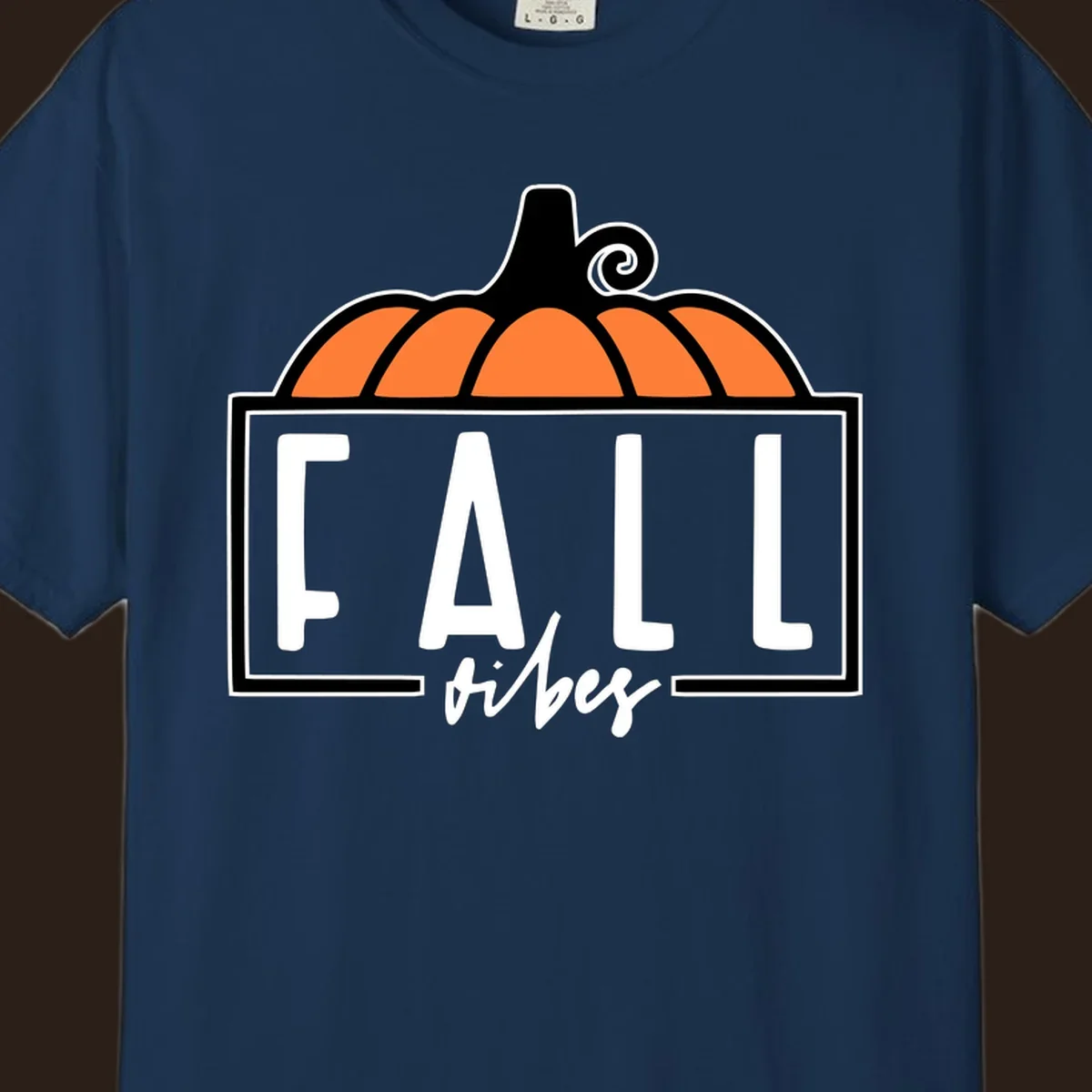 Fall vibes pumpkin graphic with text. Includes a pumpkin illustration and the words FALL and vibes.