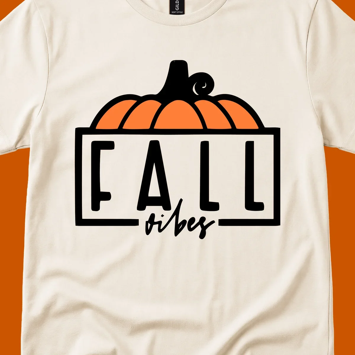 Fall vibes pumpkin graphic with text. Includes a pumpkin illustration and the words FALL and vibes.