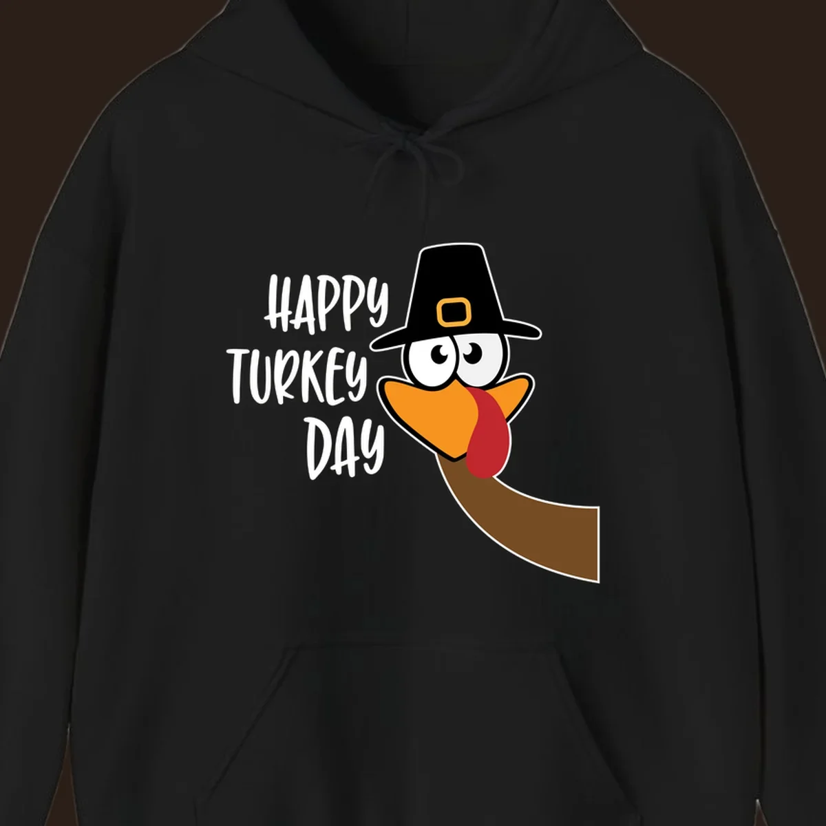 Happy Turkey Day text with a cartoon turkey wearing a pilgrim hat.