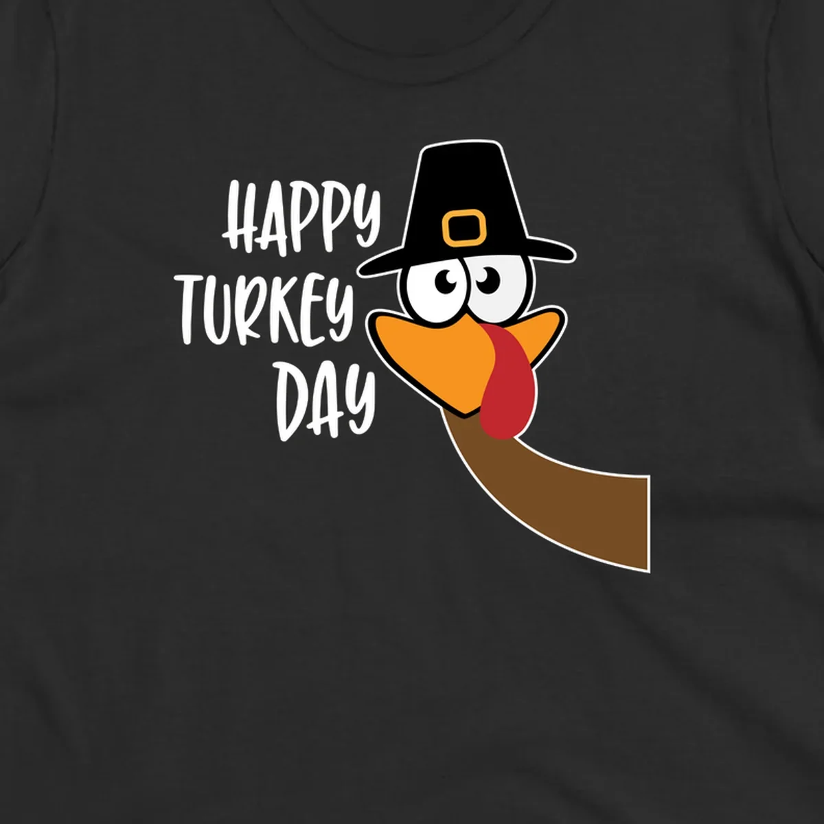 Happy Turkey Day text with a cartoon turkey wearing a pilgrim hat.