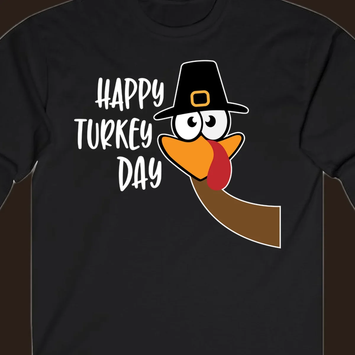 Happy Turkey Day text with a cartoon turkey wearing a pilgrim hat.