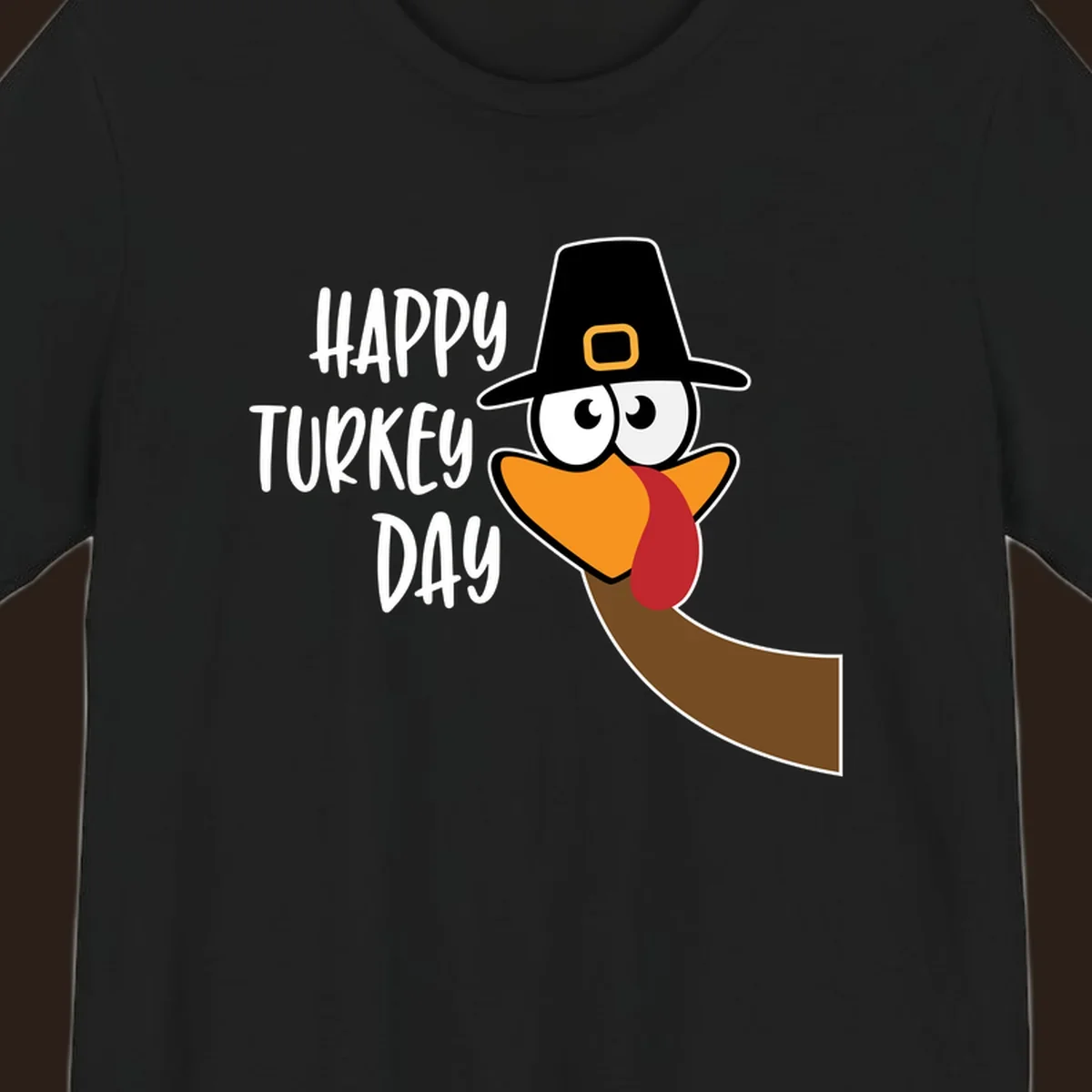 Happy Turkey Day text with a cartoon turkey wearing a pilgrim hat.