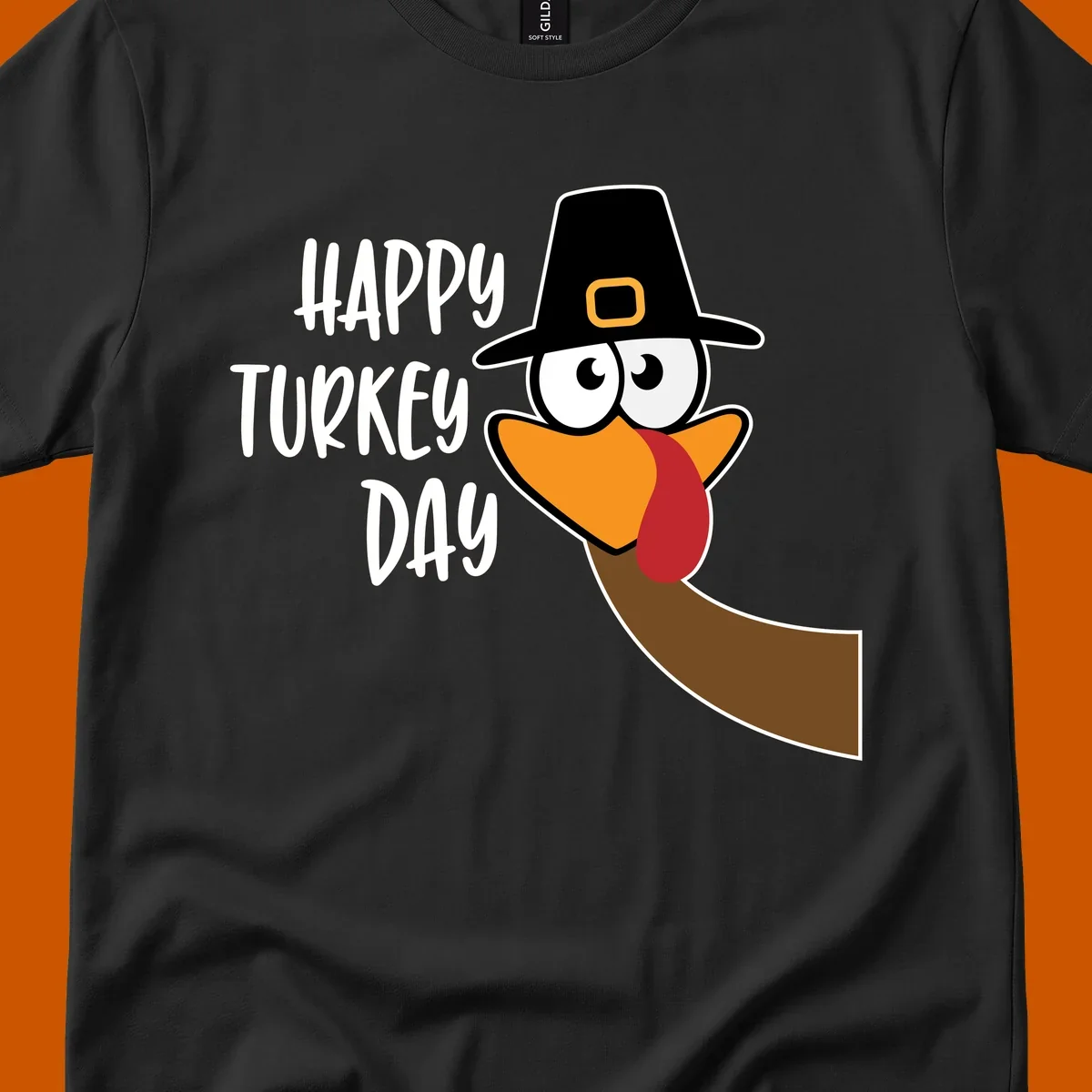 Happy Turkey Day text with a cartoon turkey wearing a pilgrim hat.