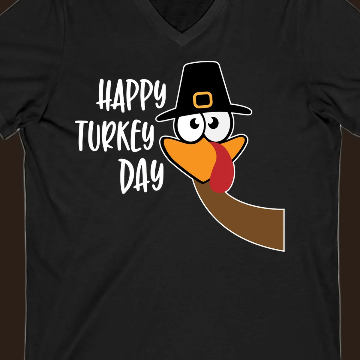 Happy Turkey Day text with a cartoon turkey wearing a pilgrim hat.