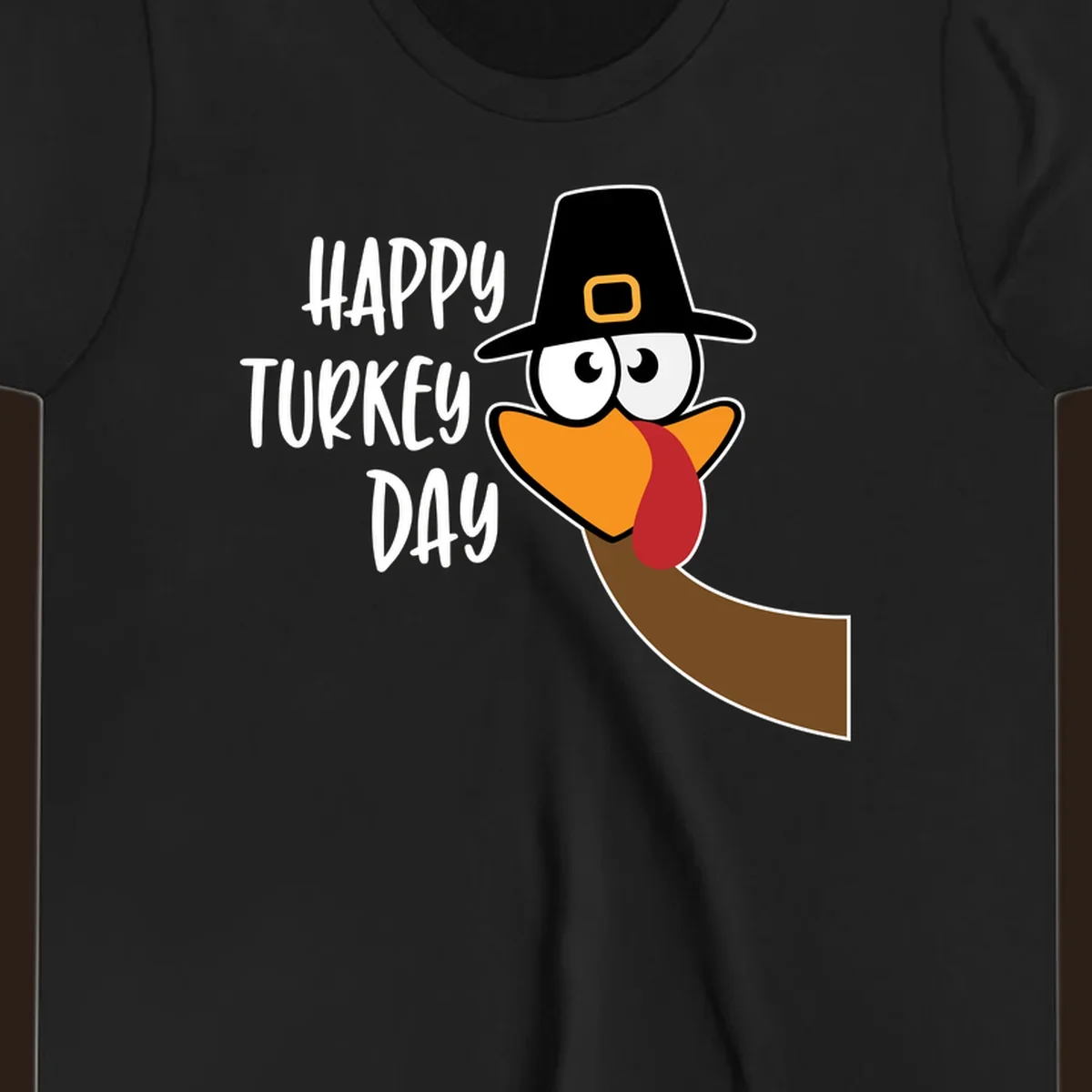 Happy Turkey Day text with a cartoon turkey wearing a pilgrim hat.