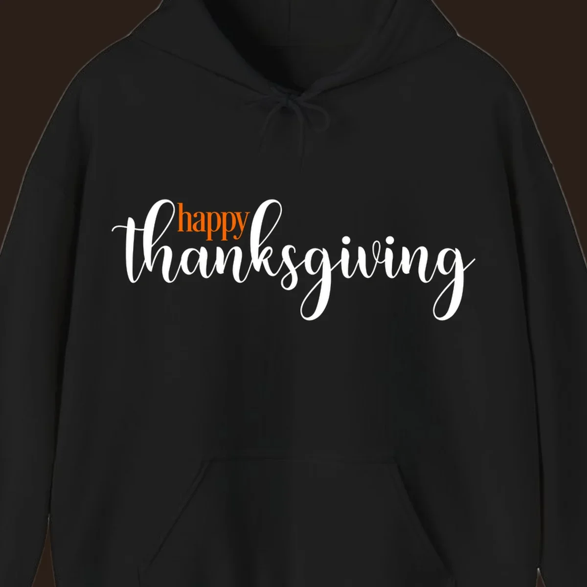 Happy Thanksgiving script design with orange 'happy' and white 'thanksgiving'.