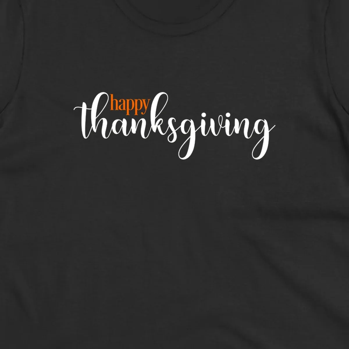 Happy Thanksgiving script design with orange 'happy' and white 'thanksgiving'.