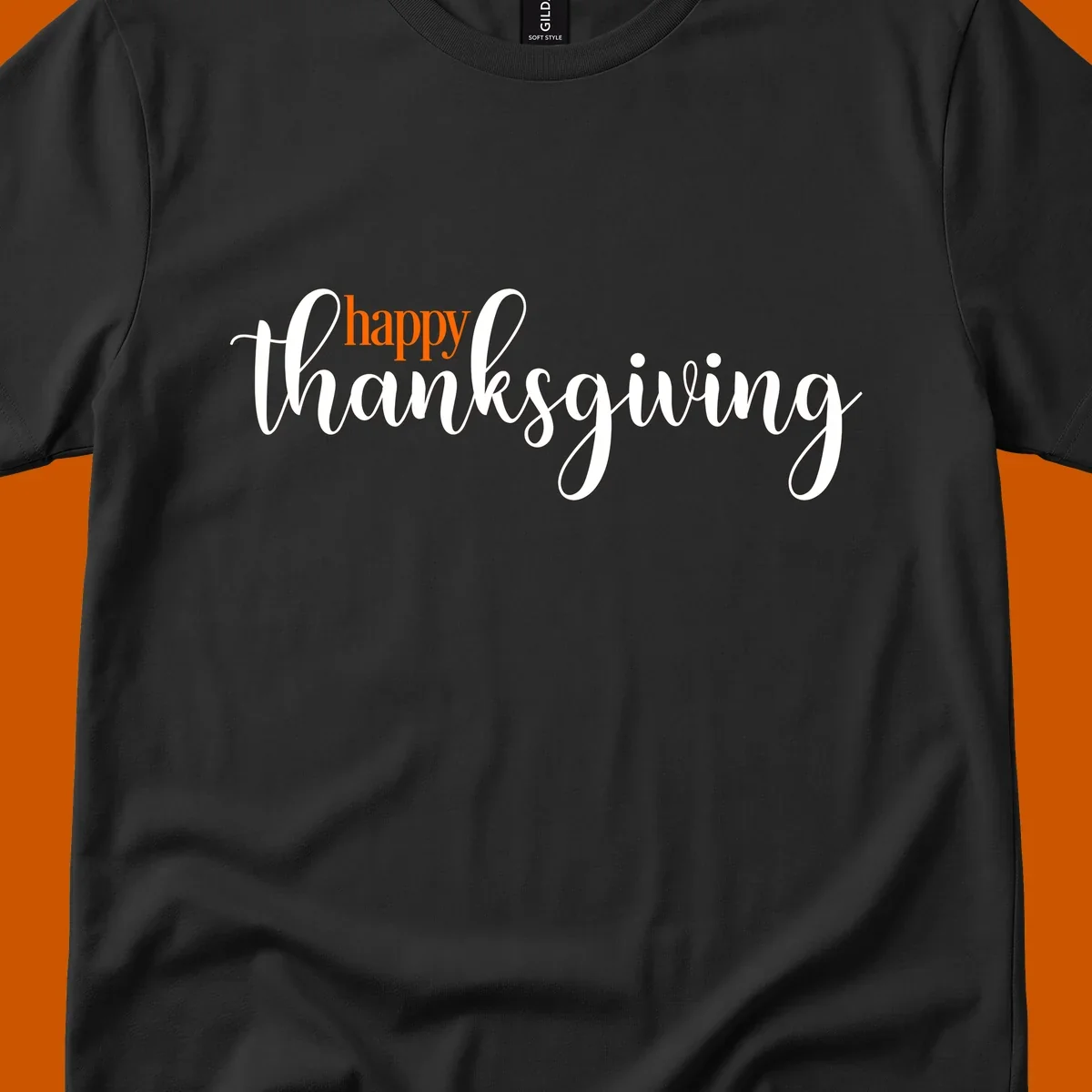 Happy Thanksgiving script design with orange 'happy' and white 'thanksgiving'.