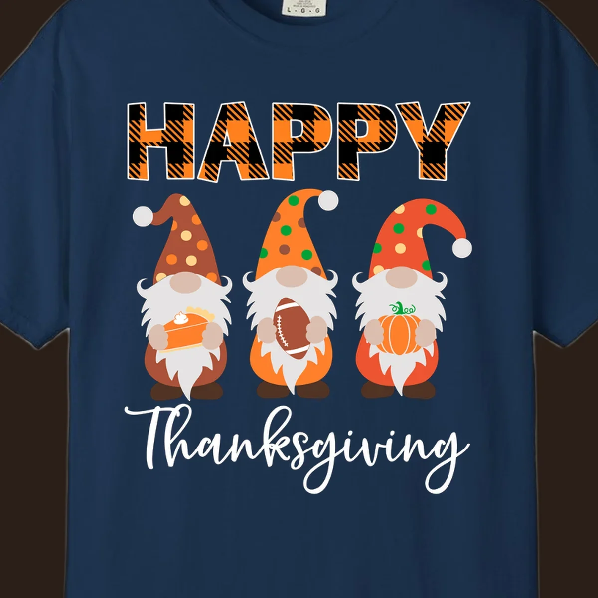 Happy Thanksgiving design with three gnomes holding pie, football, and pumpkin.