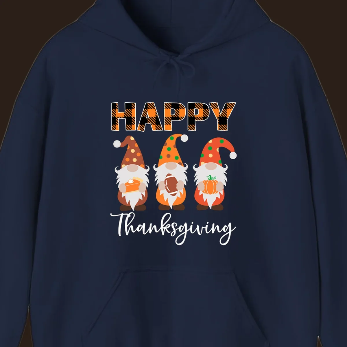 Happy Thanksgiving design with three gnomes holding pie, football, and pumpkin.