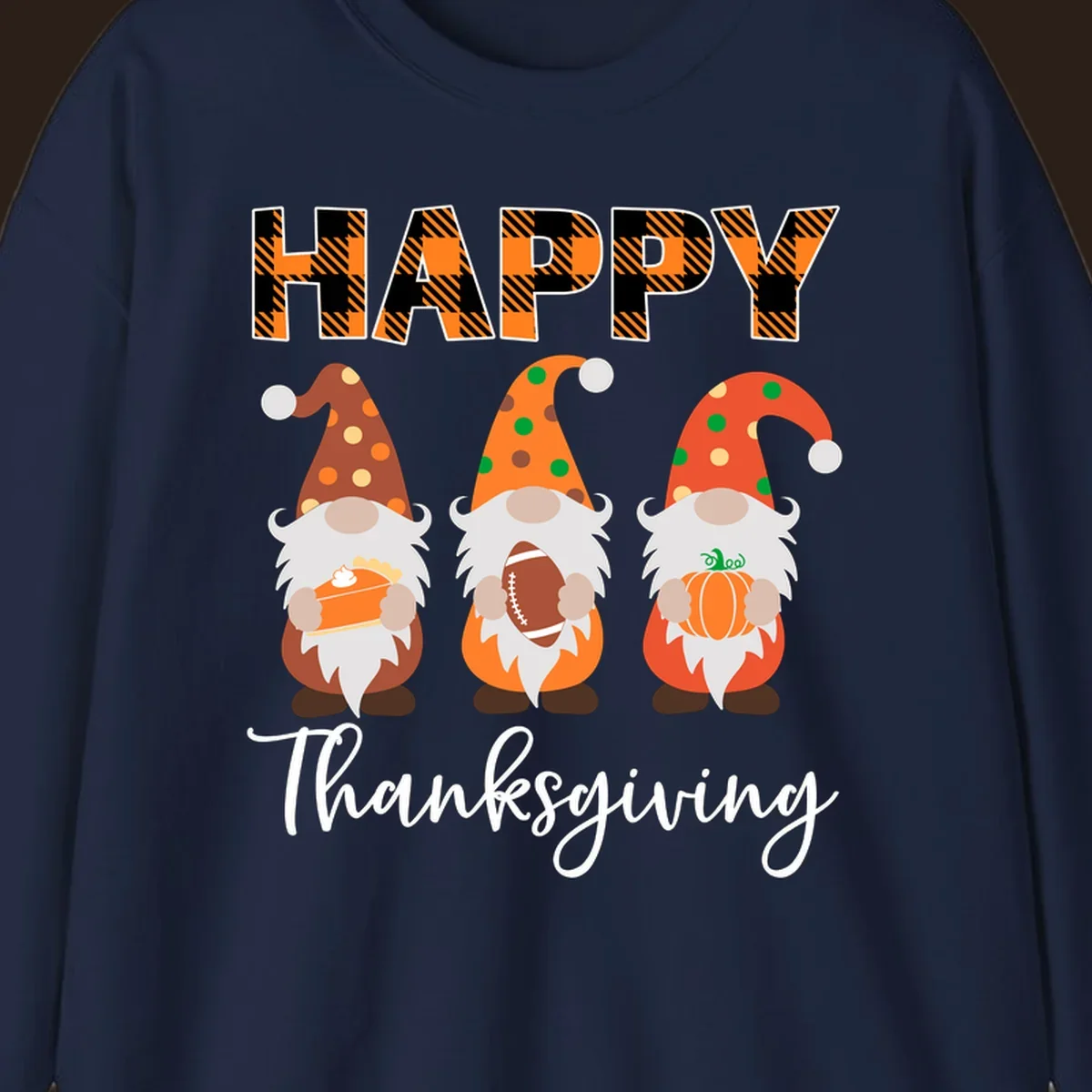 Happy Thanksgiving design with three gnomes holding pie, football, and pumpkin.