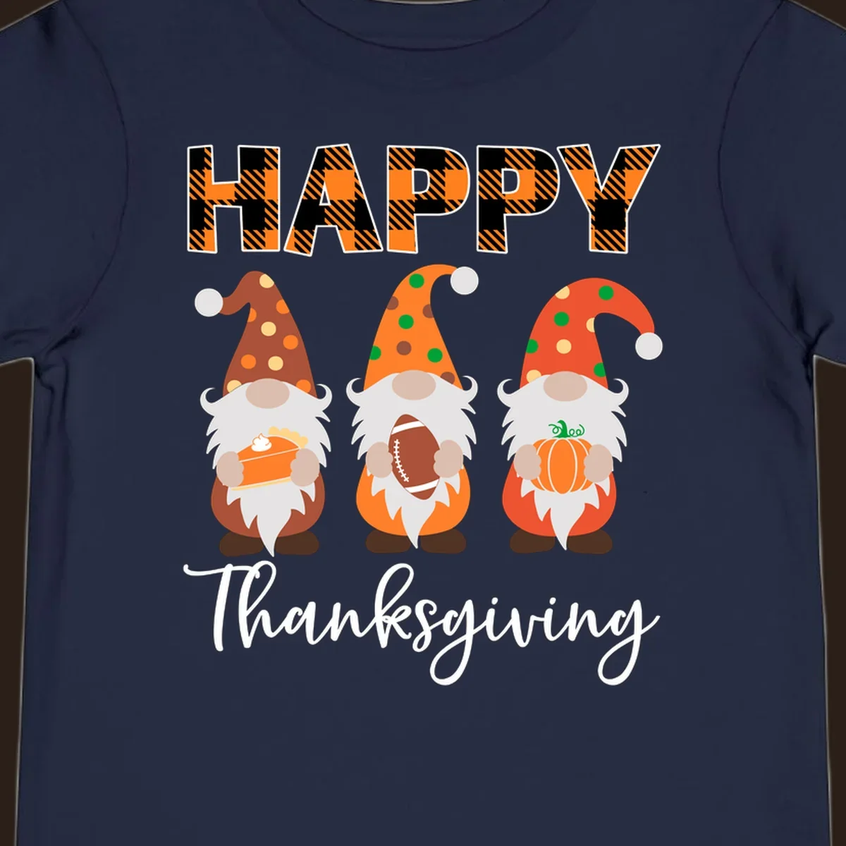 Happy Thanksgiving design with three gnomes holding pie, football, and pumpkin.