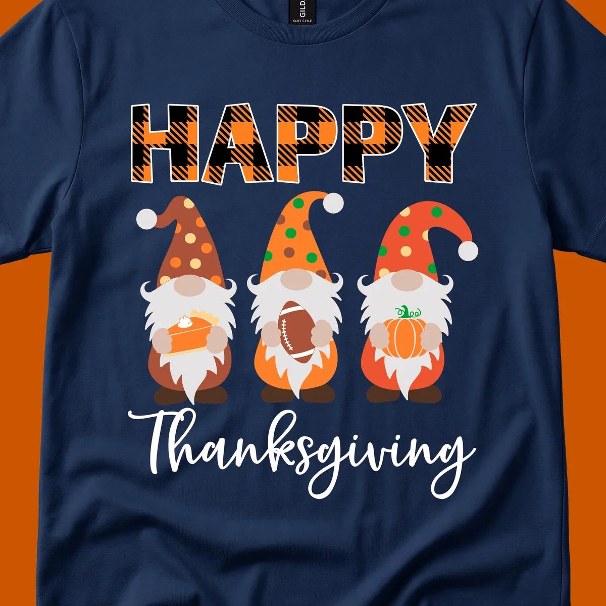 Happy Thanksgiving design with three gnomes holding pie, football, and pumpkin.